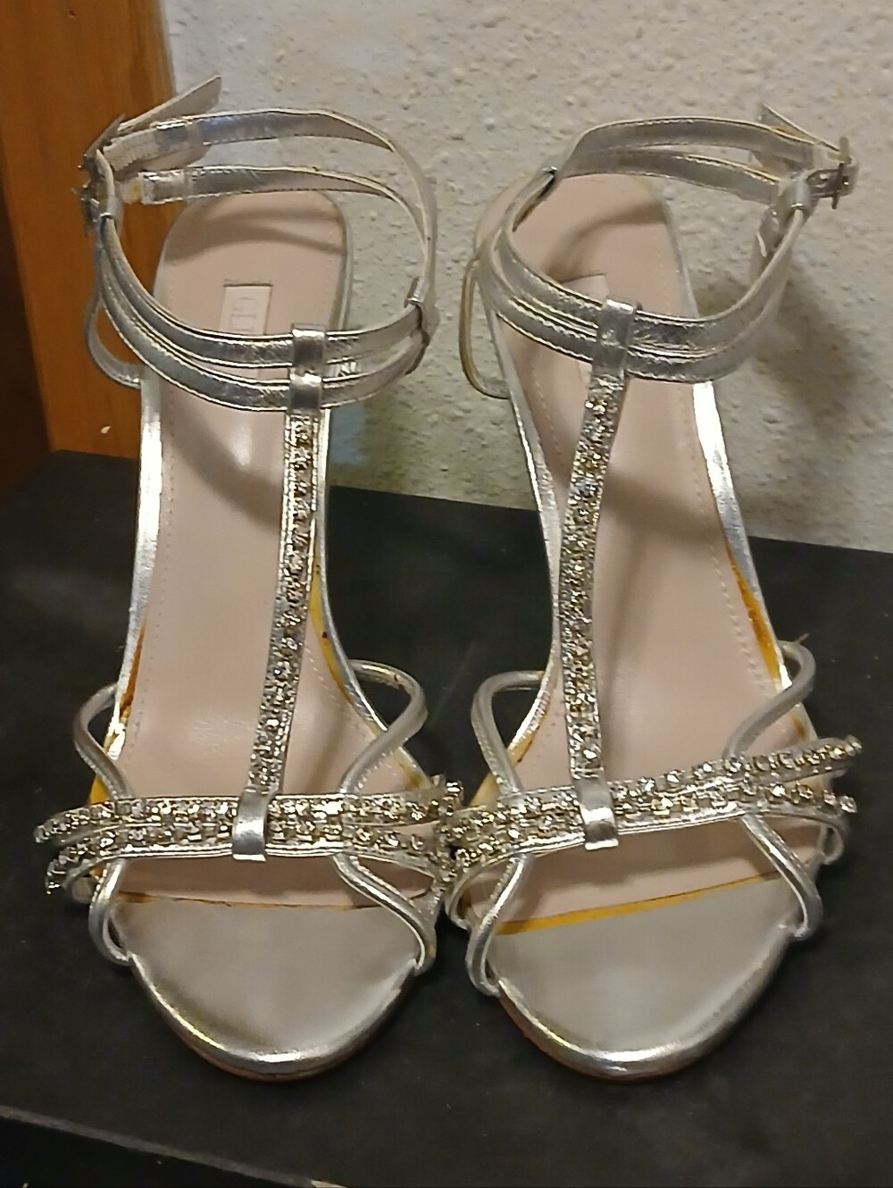 GLINT Silver Rhinestone Strappy Stiletto Heels Sandals Size 8M Leather